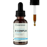 Veterinarian's Apawthecary B-Complex, front of a 2 fl oz dropper bottle beside a liquid-filled dropper.