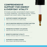 B-Complex benefit graphic listing energy, nervous-system and nutrient-utilization support messages beside a liquid-filled dropper.
