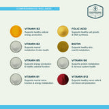 B-vitamin infographic with eight colored powder samples labeled B1, B2, B3, B5, B6, B12, folic acid and biotin.