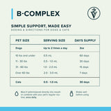 B-Complex serving-guide chart for dogs and cats, showing pet-size groups, serving amounts and days of supply.