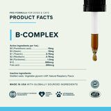 B-Complex product-facts panel listing active and inactive ingredients, with quality badges and a liquid-filled dropper.