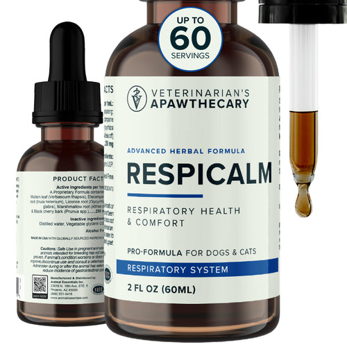 Veterinarian's Apawthecary RespiCalm, 2 fl oz bottle with front and side labels beside a liquid-filled dropper.