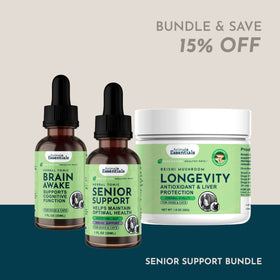 Animal Essentials Senior Support Bundle for dogs and cats, featuring herbal formulas and supplements to support aging pets’ mobility, cognition, and vitality.
