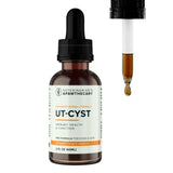 Front of a 2 fl oz Veterinarian's Apawthecary UT-Cyst amber bottle beside a dropper containing golden liquid.