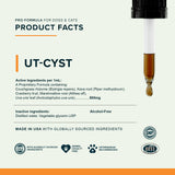 UT-Cyst product facts panel listing active and inactive ingredients, with a liquid-filled dropper and quality badges.