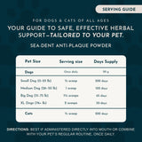Sea-Dent serving guide for dogs and cats, with once-daily amounts and days supply.